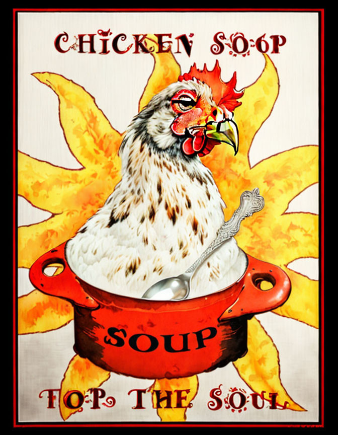 Colorful Chicken Rising from Soup Pot Poster with Flames and Spoon