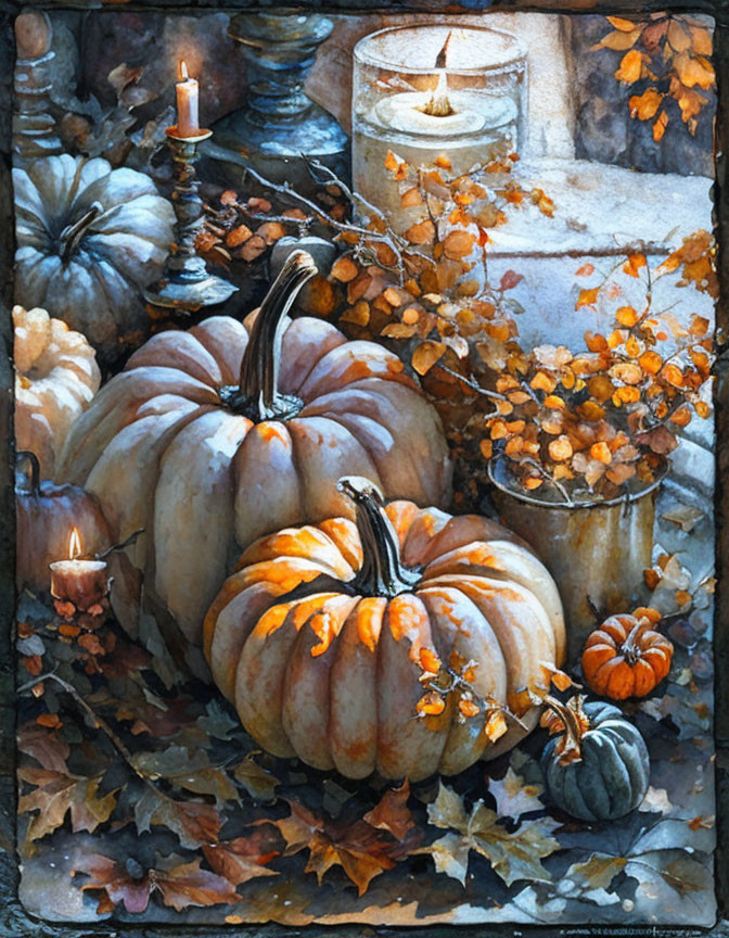 Autumn Scene with Colorful Pumpkins and Leaves