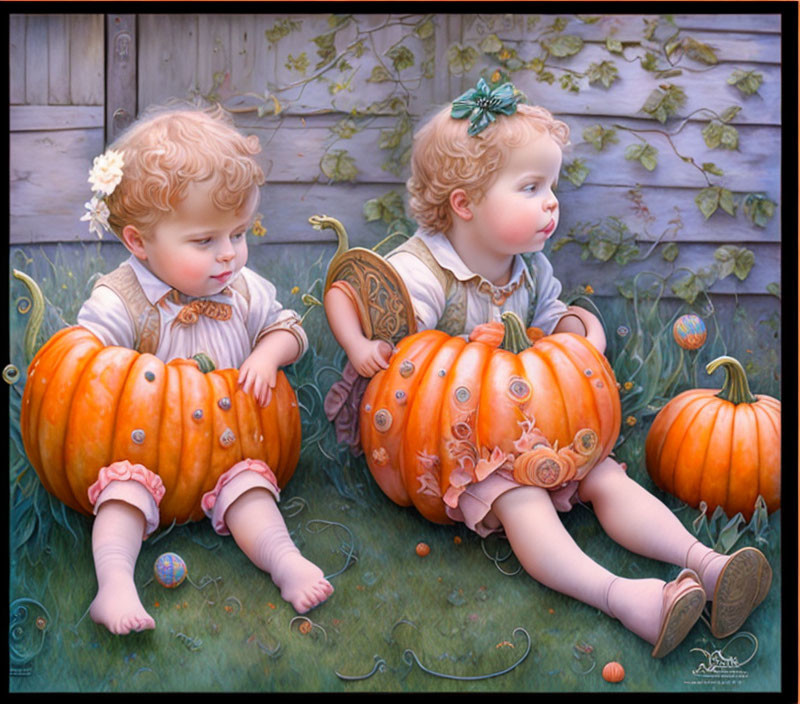 Two toddlers with pumpkins and floral motifs against wooden fence and ivy.