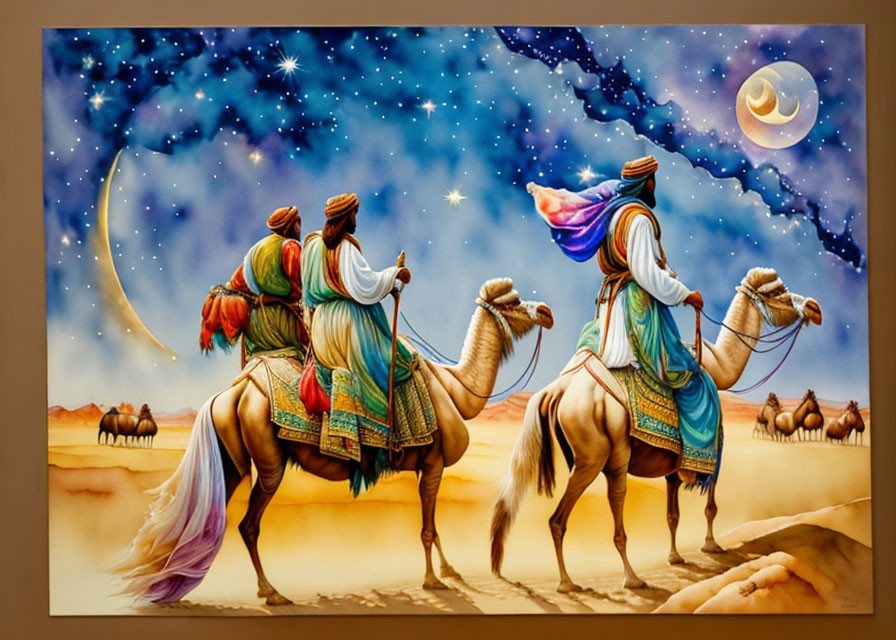 Travelers on camels under starry night sky in desert landscape