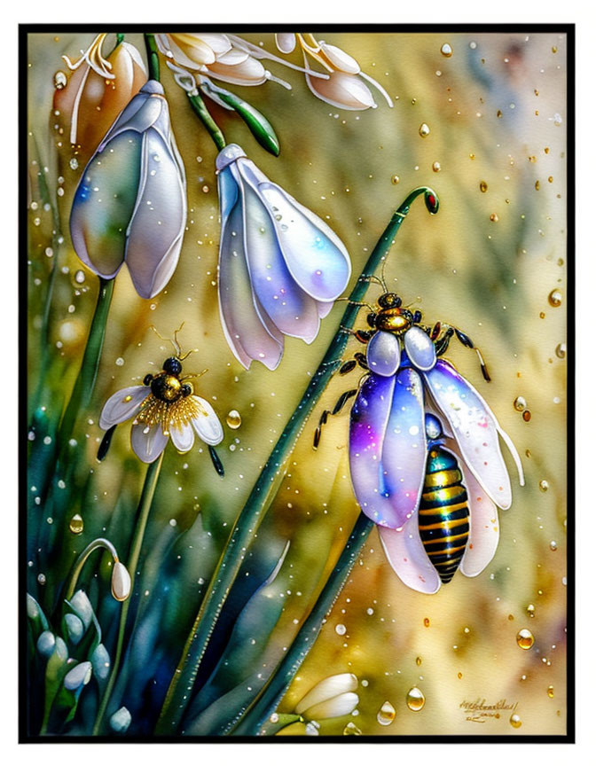 Colorful Beetle on Blue Flower Surrounded by Dewdrops