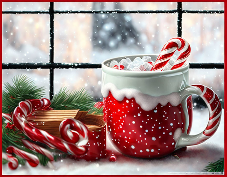 Red festive mug with hot beverage, marshmallows, candy canes, pine branches, cinnamon,