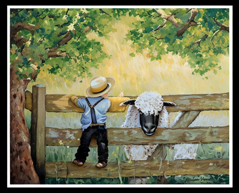 Child in hat and overalls with sheep in nature scene.