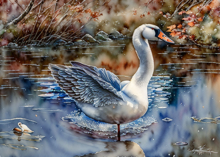 Swan and Duckling on Tranquil Lake with Autumn Foliage