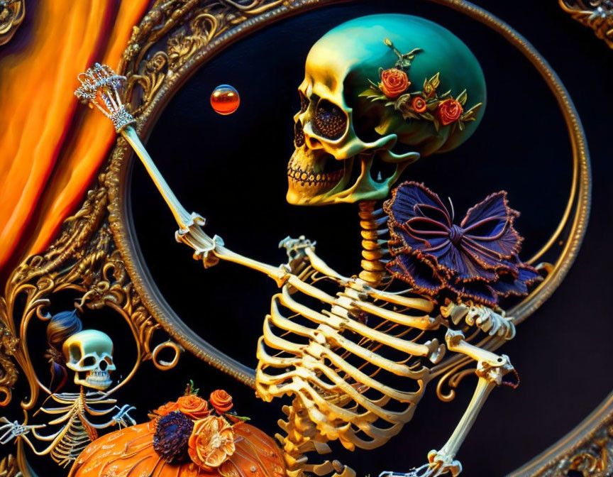 Gold skull skeleton with roses, scepter, pumpkin, and butterfly in fiery background