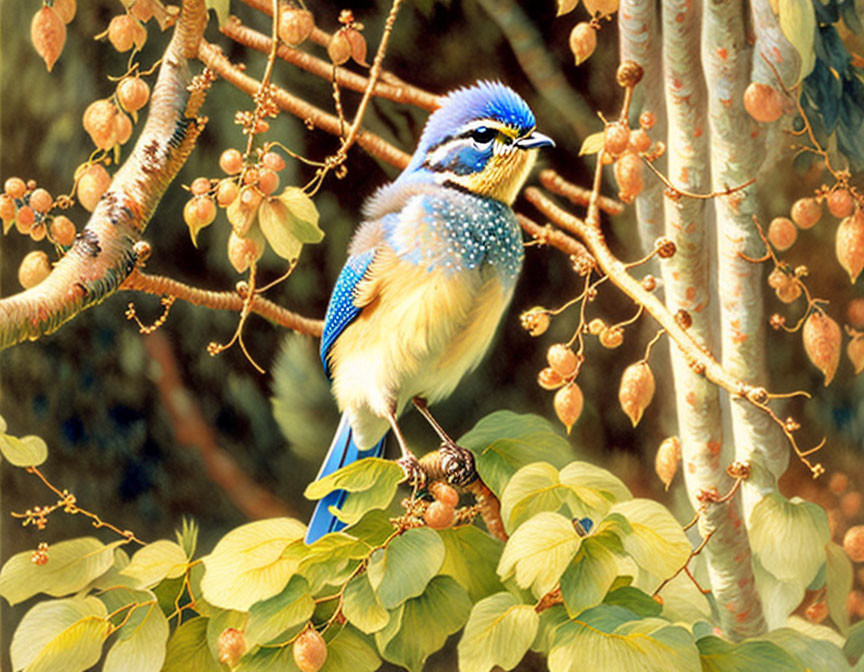 Blue jay on branch with ripe fruits in lush natural setting