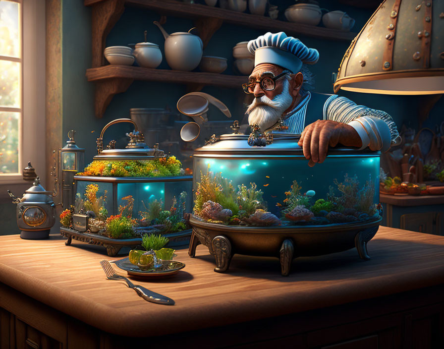 Elder Chef Examining Underwater Scene in Ornate Pot