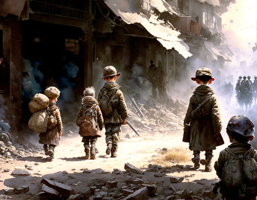 Soldiers and children navigate war-torn street scene.