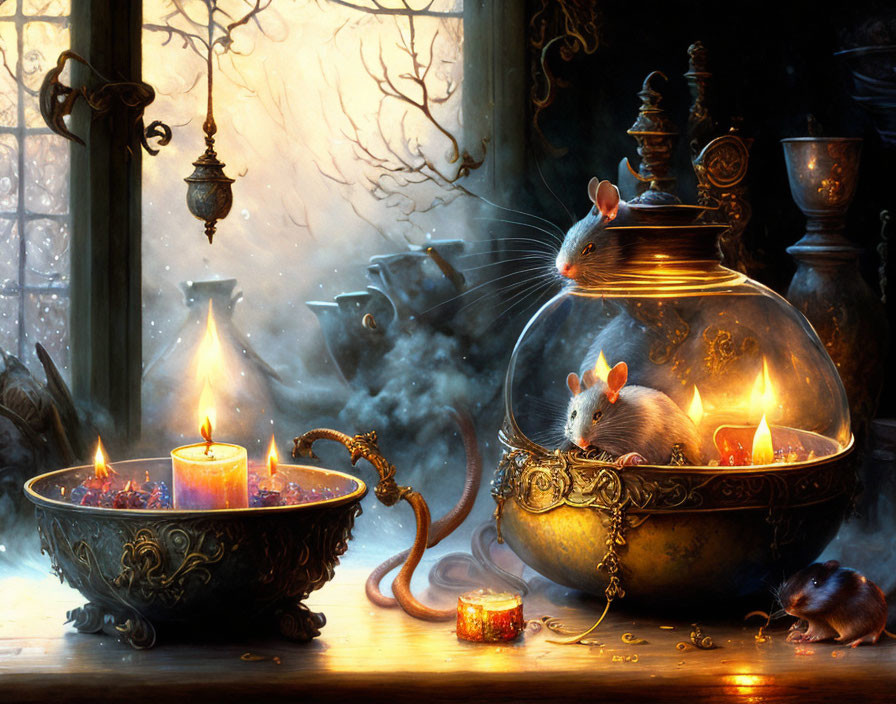 Whimsical mice around lit candles in antique-style setting