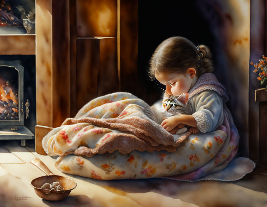 Young girl cuddles kitten by fireplace with cookies.