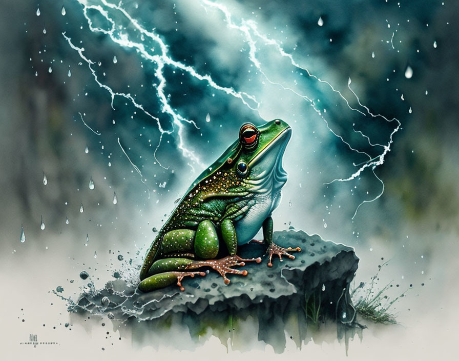 Detailed frog illustration on rock with stormy sky backdrop