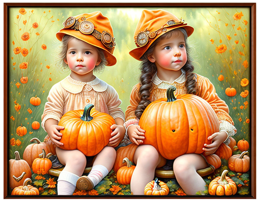 Children with orange hats and pumpkins in autumn field.