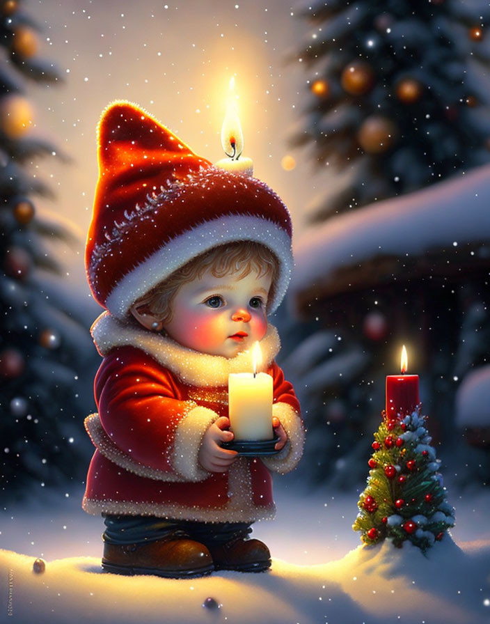 Child in winter outfit with candle in snowy Christmas scene