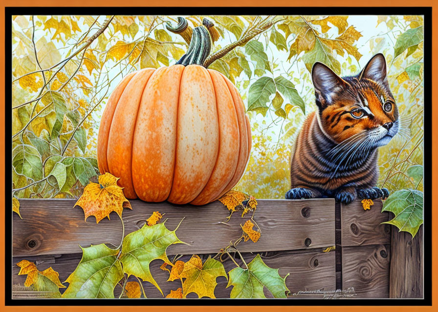 Orange Tabby Cat with Pumpkin on Wooden Fence in Autumn Scene