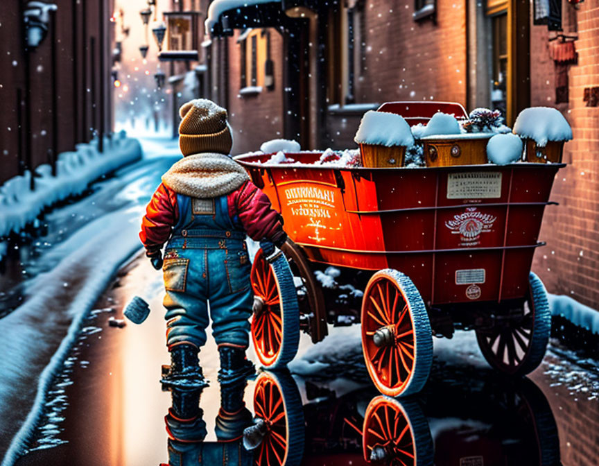 Child in snowy alley with vintage red wagon filled with firewood