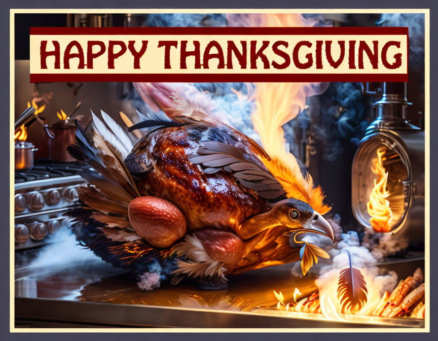 Roasted turkey surrounded by flames in Thanksgiving illustration