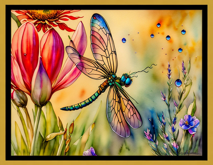 Colorful Dragonfly Illustration Among Flowers and Ink Droplets on Yellow Background