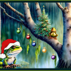 Frog in Santa hat by Christmas tree in snowy forest