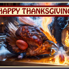 Roasted turkey surrounded by flames in Thanksgiving illustration