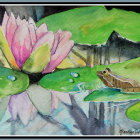 Pink water lily painting with frog on lily pad in tranquil pond