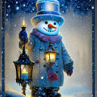 Snowman in blue outfit with lantern in snowfall near fence