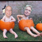 Two toddlers with pumpkins and floral motifs against wooden fence and ivy.