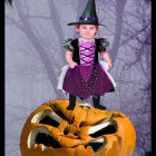 Child Witch Costume on Pumpkin with Cats and Bats in Purple Halloween Scene