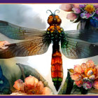 Vibrant dragonfly illustration with intricate wings and blooming flowers.