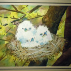 Three Baby Owls Cuddled in Nest Among Tree Branches