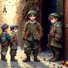 Four Boys in Vintage Clothing in Snowy Alley with Colorful Marbles