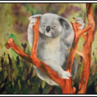 Smiling koala on eucalyptus tree in green foliage