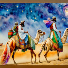 Travelers on camels under starry night sky in desert landscape