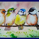 Five colorful stylized birds on branch in snowfall forest.