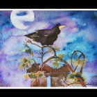 Raven on ancient stone structure with lighthouse under starry sky