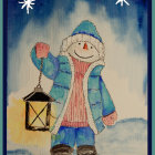 Snowman with lantern in snowy landscape under starry sky