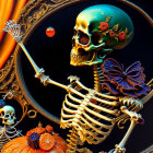 Gold skull skeleton with roses, scepter, pumpkin, and butterfly in fiery background