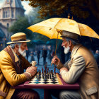 Elderly men play chess at outdoor cafe on sunny street