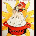 Colorful Chicken Rising from Soup Pot Poster with Flames and Spoon