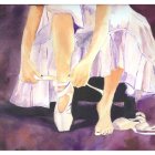 Watercolor painting: Ballerina tying pointe shoe ribbons on dark background