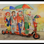 Colorful clowns on scooter in whimsical cityscape.