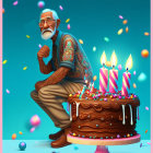 Elderly man with party hat and birthday cake in stylized image