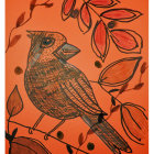 Vivid Painting: Red Cardinal on Branch with Autumn Leaves