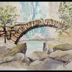 Tranquil watercolor painting of old stone bridge in forest