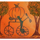 Autumn-themed image: Carved pumpkin on vintage bicycle in forest.