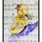 Angelic child with wings playing violin surrounded by floral accents and musical notes