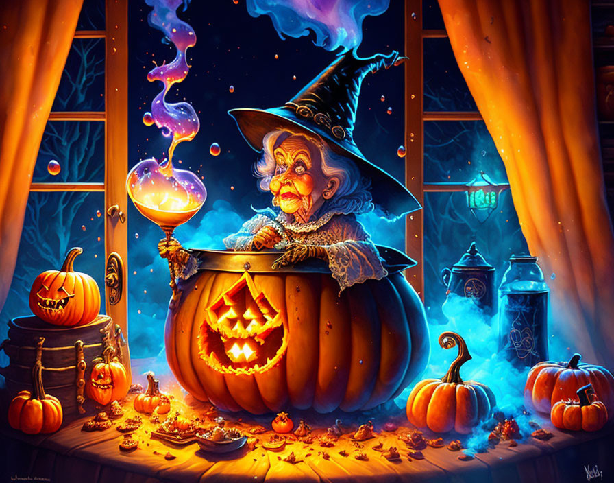 Illustrated witch carving pumpkin in cozy Halloween-themed room