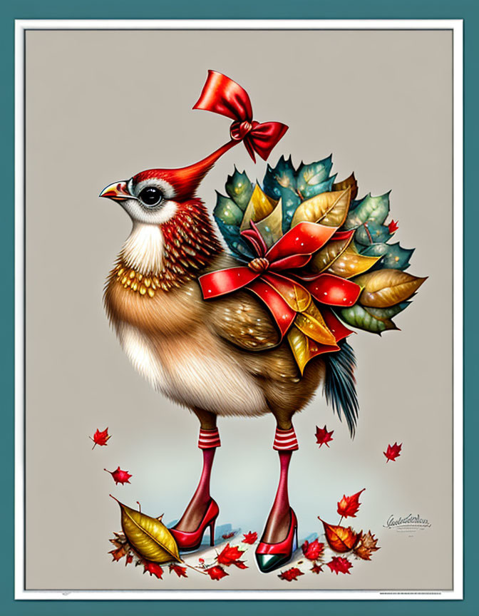 Illustrated bird with human-like legs in red heels, festive bow, holly leaves, surrounded by