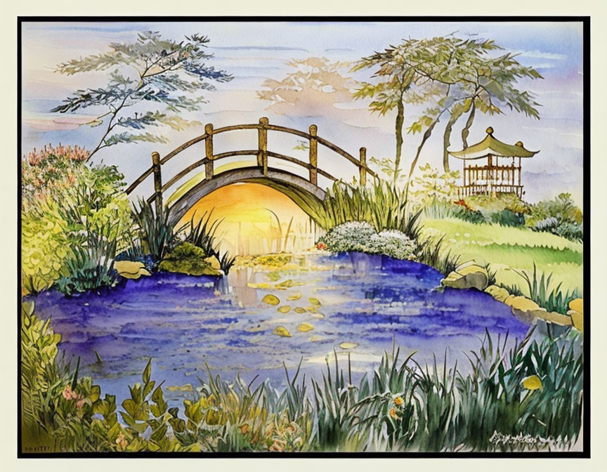 Tranquil garden scene with wooden bridge over pond at sunset