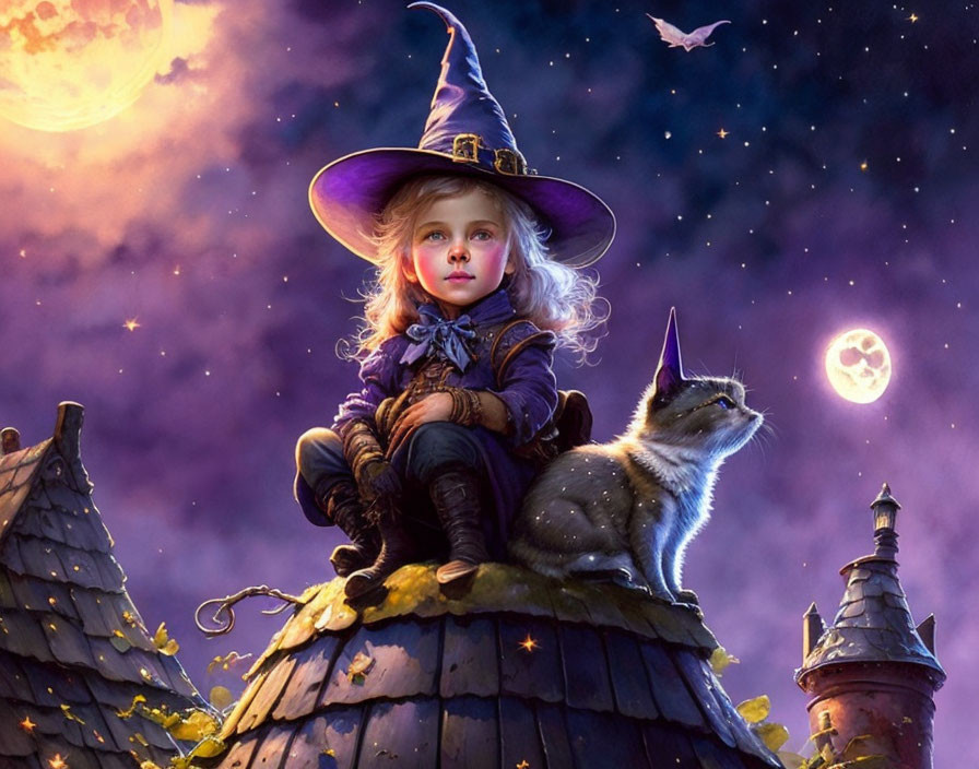 Child in witch costume on roof with cat under moonlit sky