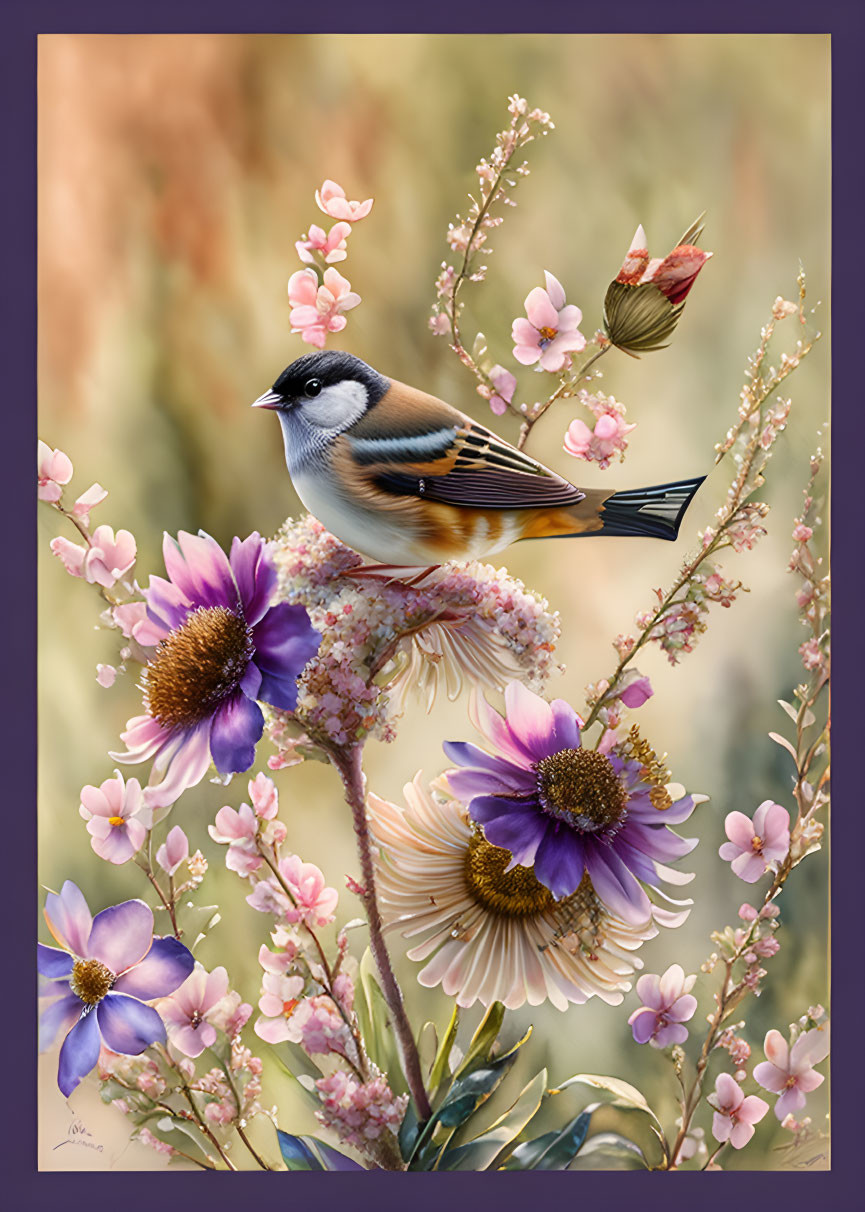 Colorful floral scene with small bird on branch